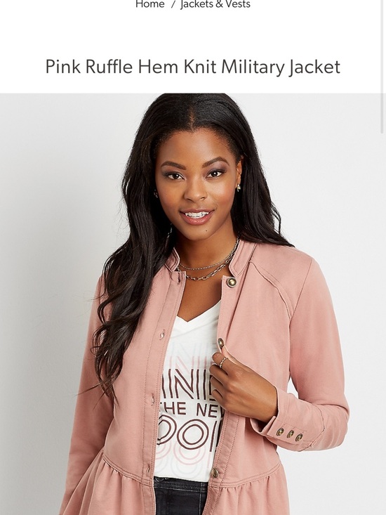 Maurices Jackets & Blazers - Maurices Pink Ruffle-Hem Knit Military Jacket